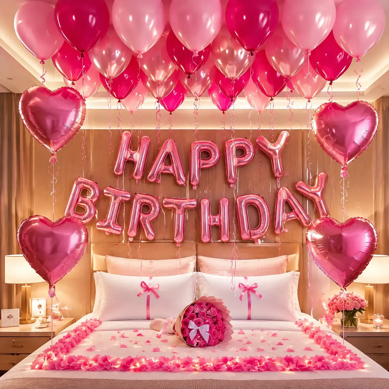 Pink Happy Birthday Room Decor Kit - 1-Set Festive Party Decor with Backdrop, Letter Balloons, Colorful Balloons, Indoor Use, Perfect for Birthday Celebrations, Photos