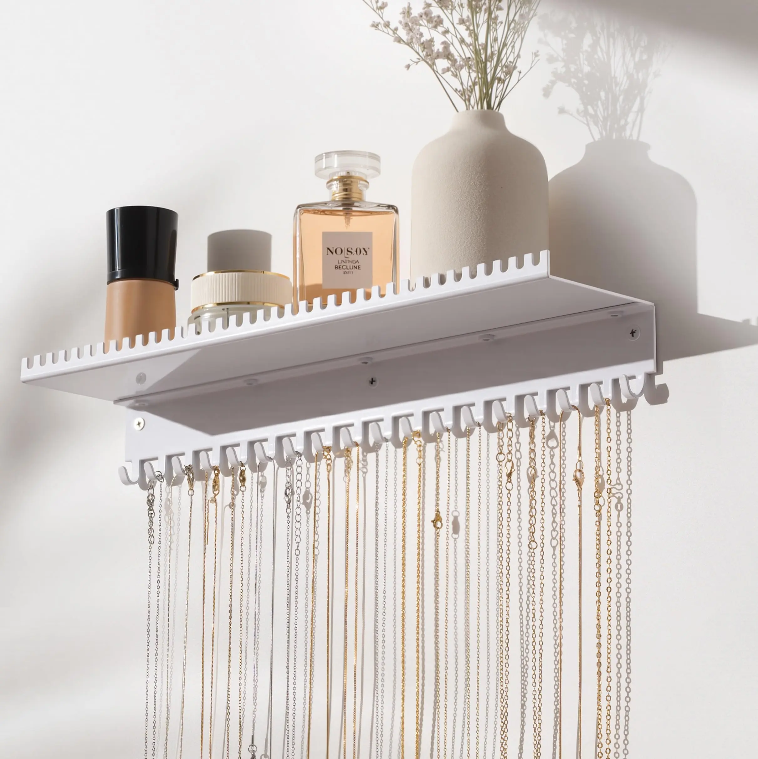 Necklace Holder Wall Hanging Organizer: Wall Mounted Jewelry Shelf with 56 Hooks and Tray, Display Hanger for Kids, Girls and Women