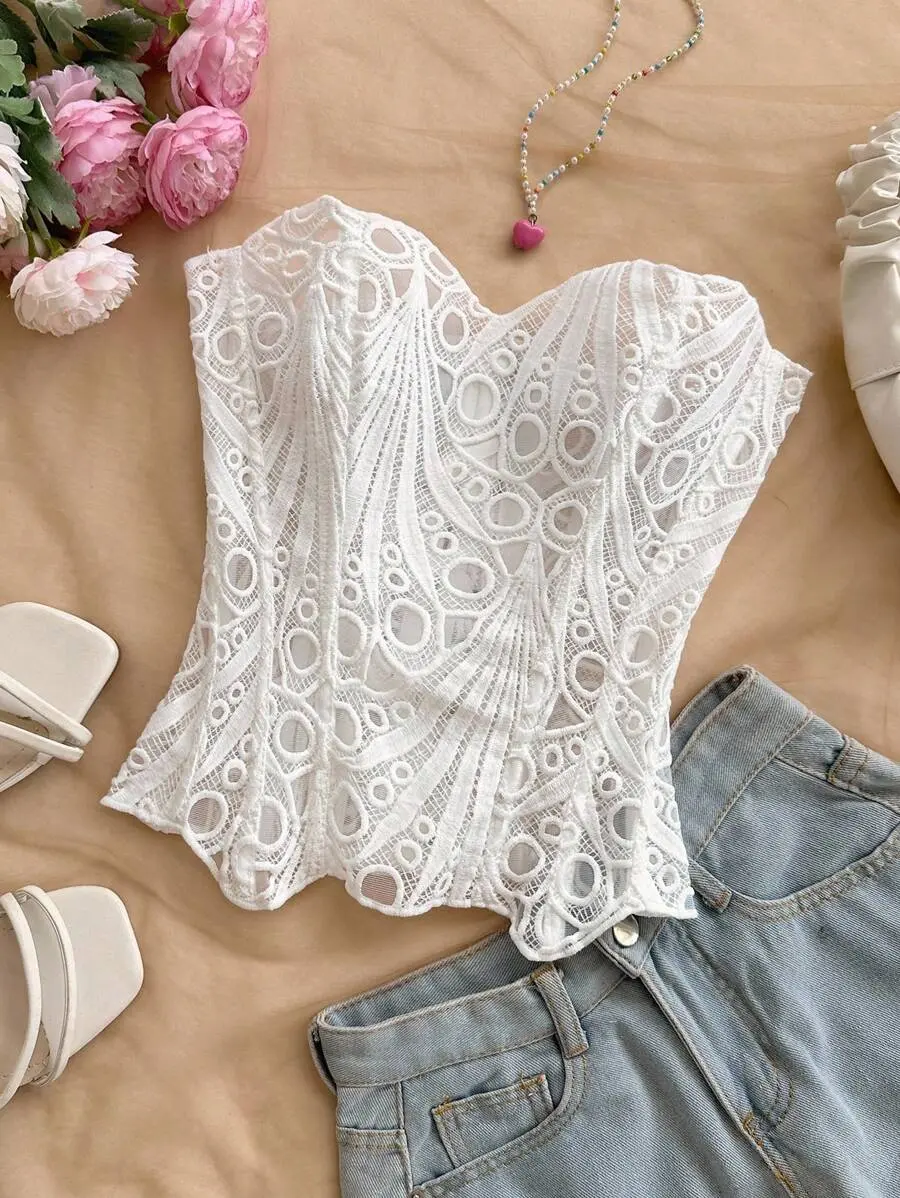 American Young Vacation Sexy Lace Double-Layer Fitted Corset Bustier Top, Hollow Embroidered Shapewear, Women Tops For For Summer Party Wedding Guest Date Night And Clubwear, Sexy Top