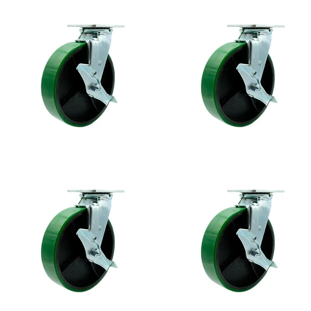 Service Caster SCC-30CS820-PUR-GB-TLB-BSL-4 Polyurethane on Cast Iron Swivel Top Plate Casters, Heavy Duty with 8 in. Green Wheels - Set of 4