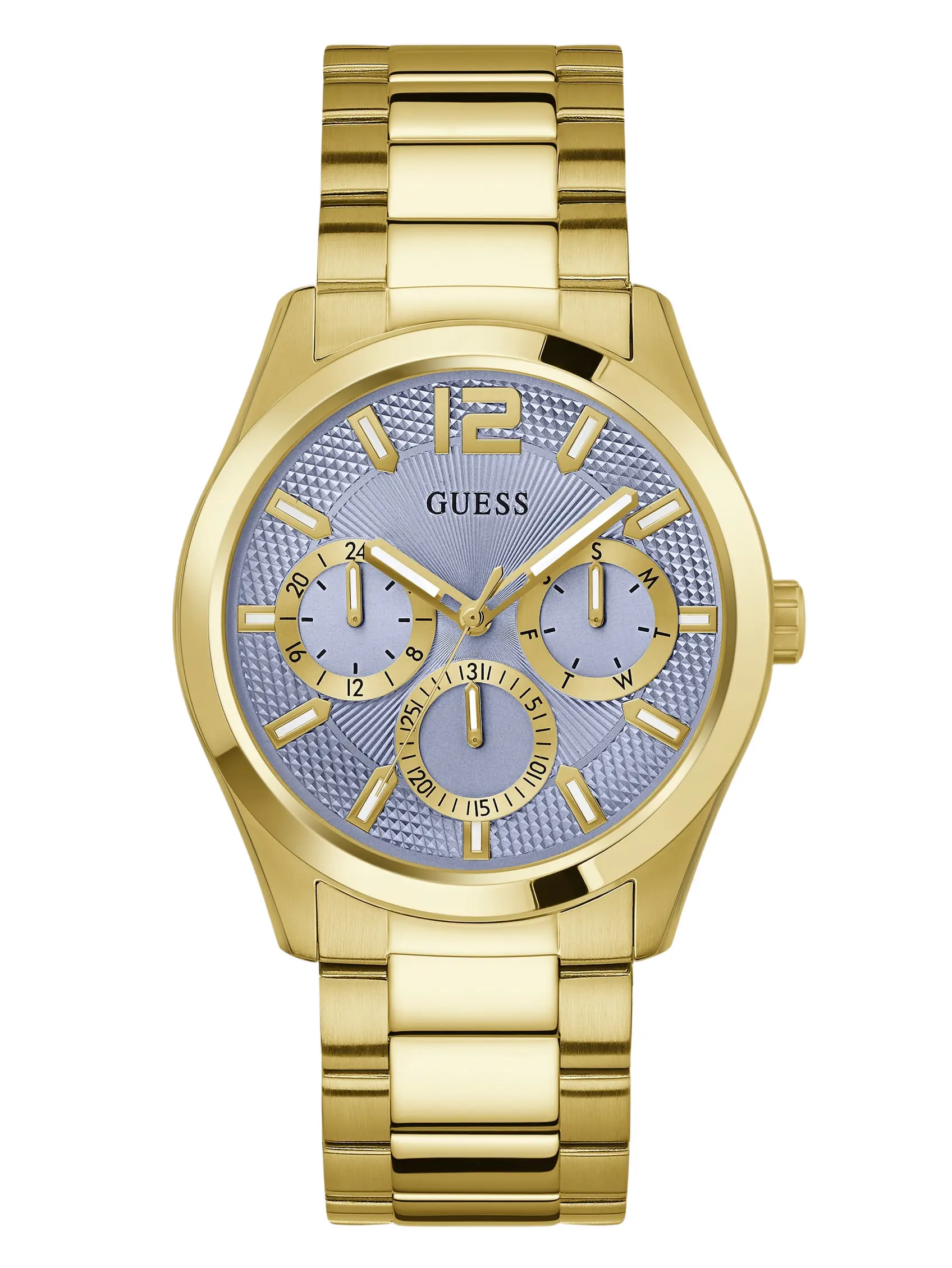 GUESS Male Gold-Tone and Textured Blue Multifunction Watch