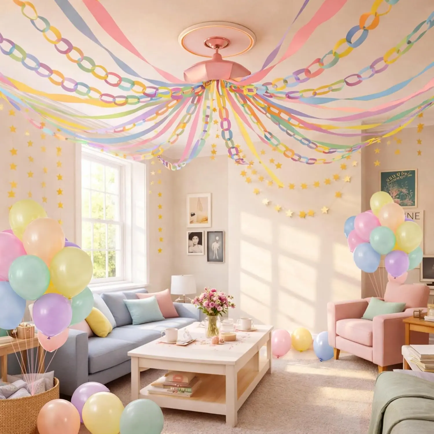 Pastel Birthday Party Hanging Decor Set A for Girls - 492ft Crepe Paper Streamers+Chains, 78.6ft Shiny Gold Star Garland, 30 Pastel Balloons, Wall/Ceiling Photo Decor Hand Tool Kit for Birthday Events
