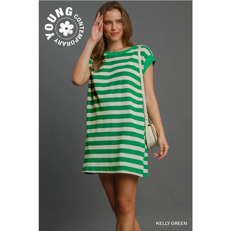 Women's Comfy Striped Casual Sleeveless Towel Dress - Polyester-Spandex-Cotton Blend Fabric, Pockets, Flattering Fit, Green, Soft, Horizontal Stripes, Mini, Daily, Machine Washable, Casual Wear, Clothes, Small