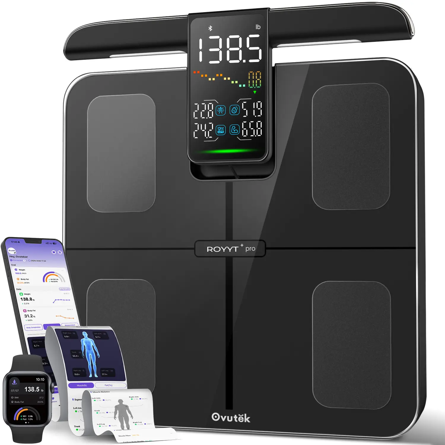 Ovutek Smart Scale for Body Weight: 8-Electrode 57 Measurements Professional Body Composition Analyzer - 500lb Accurate Bathroom Digital Weight Scale with BMI, Body Fat, Muscle Mass 5.3″ Color Display
