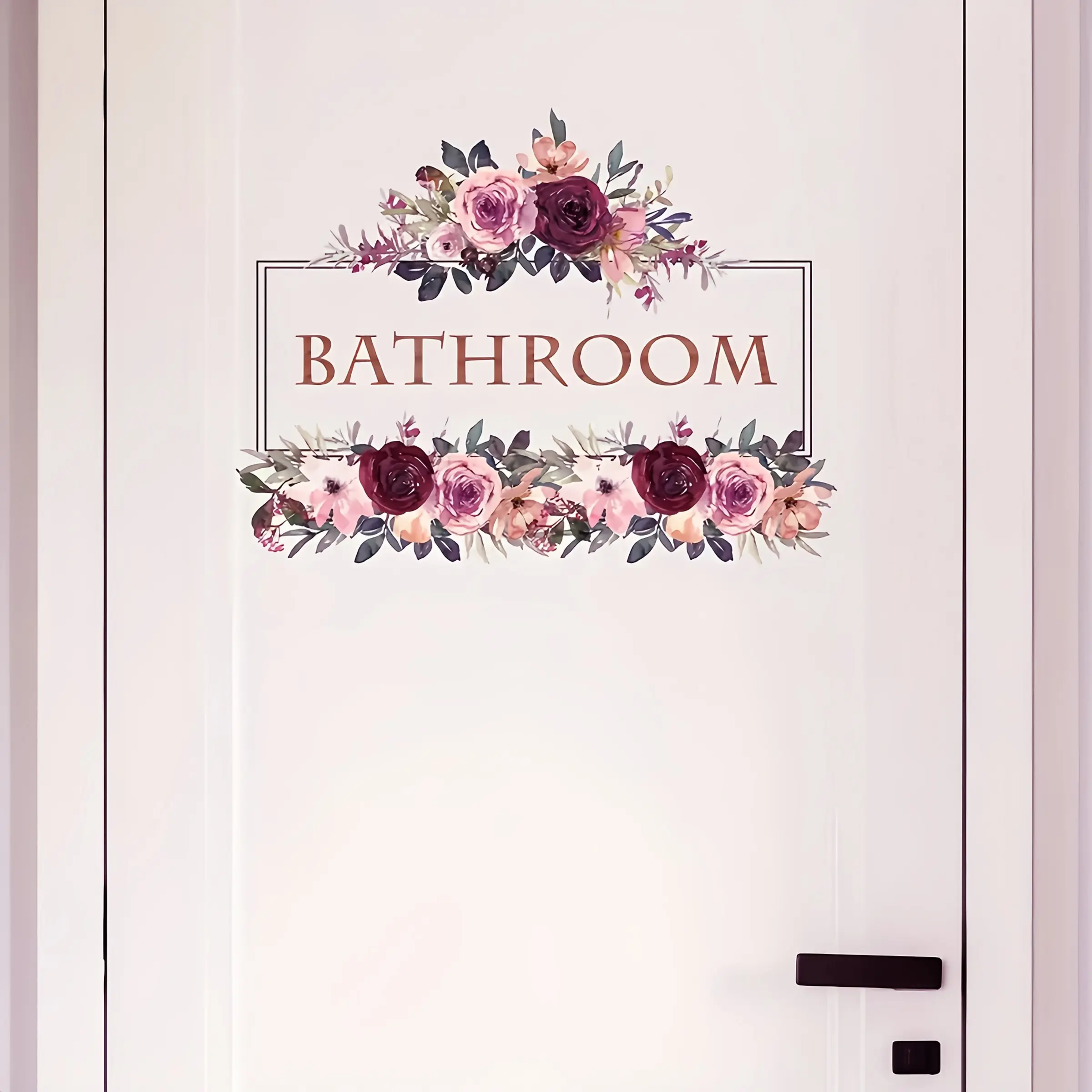 Watercolor Floral Bathroom Door Wall Sticker, Easy Peel and Stick Rose Flower Decal, Waterproof PVC for Bathroom Door and Vanity Decor, Cute Trendy Bathroom Decor