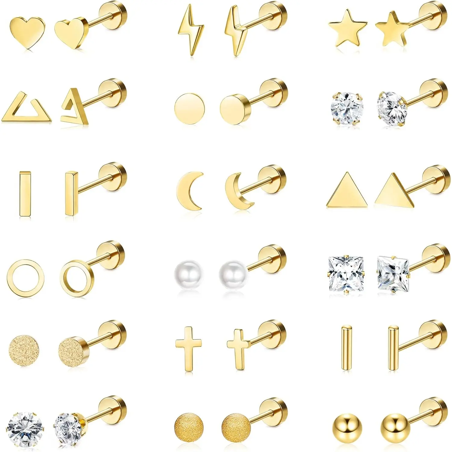 CASSIECA 18-Pair 20G Surgical Stainless Steel Ear Stud Earrings Set - Unisex Flat Back Helix Piercing Earrings with Cross, Moon, Star Geometric Designs (Black & Gold Mystery Pack)