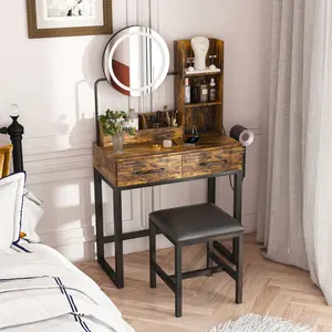 Makeup Vanity Desk with LED Lights Mirror & 3 Color and Power Outlet, Vanity Table with 2 big Drawers with Sturdy Metal Leg and Metal Chair ,Dressing Table for Bedroom Dressing Room (Brown)