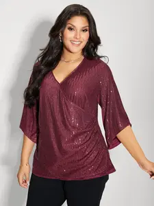 【Summer Turn-Up】BlOOMCHIC Plus Size Shimmery Sequin Gathered Flared Sleeve Blouse in Burgundy Elbow-length Bell Sleeve Party & Cocktail Style Fit Womenswear Fabric Top Garment [M-6X] 2026 Summer Pick for Mother's Day