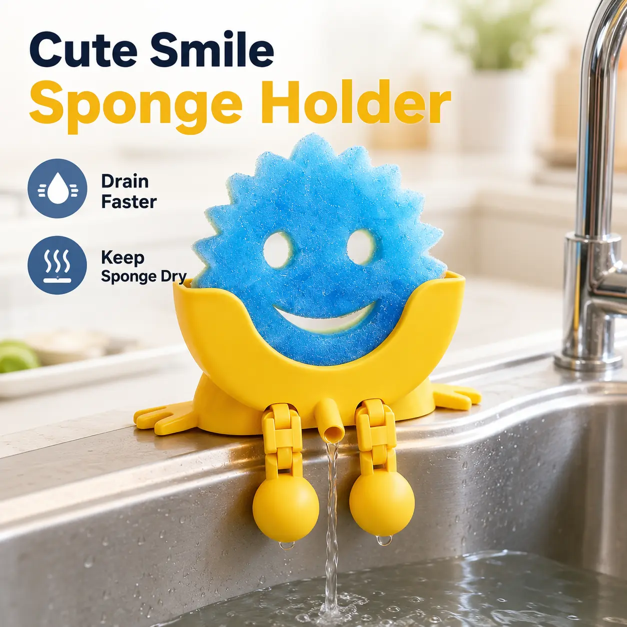 Cute Smiley Face Sponge Holder with Drain Spout, Kitchen Sink Sponge Caddy and Dish Scrubber Storage Rack, Quick-Drain Countertop Organizer for Kitchen or Bathroom, Yellow Green Blue Accessory Cleaning Soap