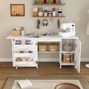 Foldable Sewing Table with Storage and Wheels, Expandable Craft Desk with Drop Leaf, Rolling Sewing Machine Cabinet with Shelves and Bins for Small Space Home Office