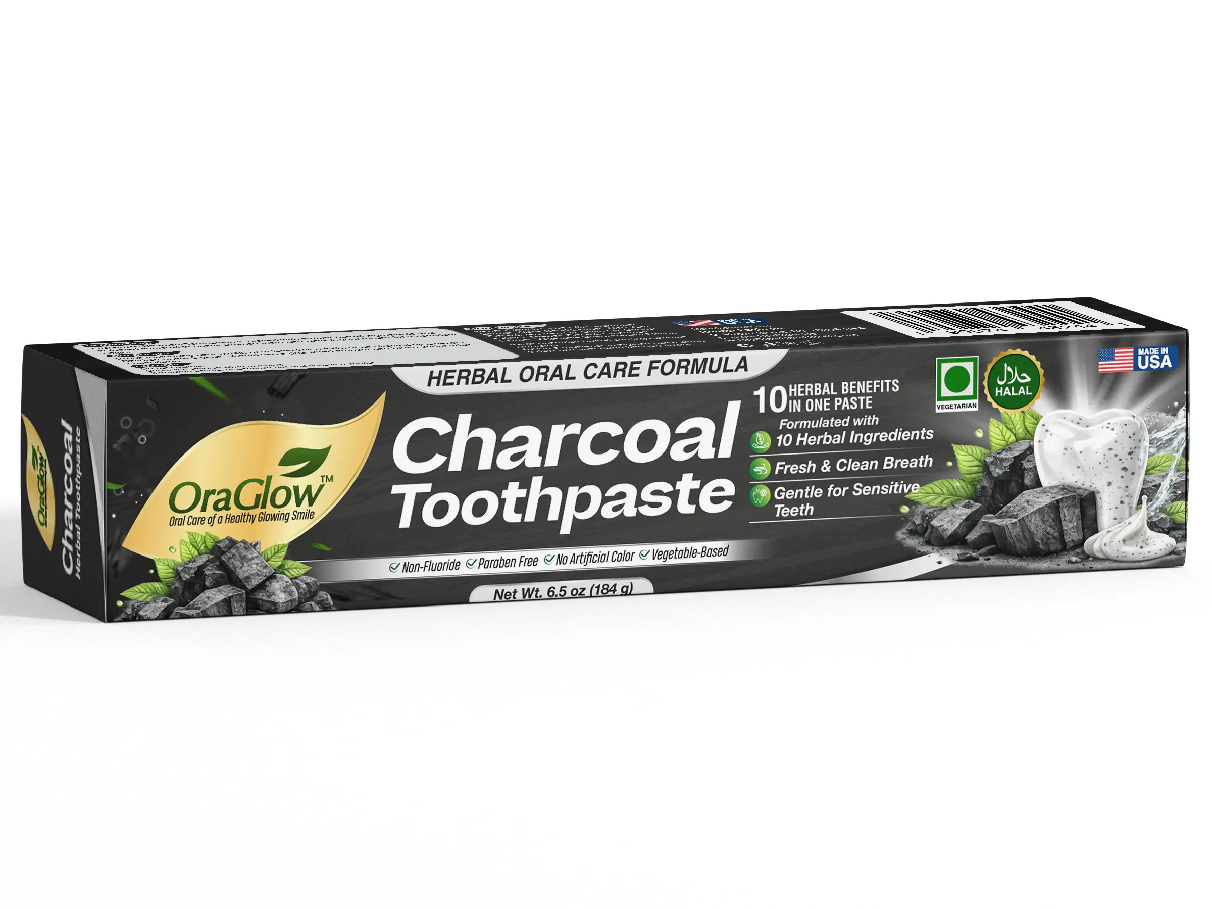 OraGlow Charcoal Herbal Toothpaste – Whitening & Fresh Breath 10 in 1 | Fluoride & Paraben Free | Halal | Vegetable Base | Made in USA | 184g