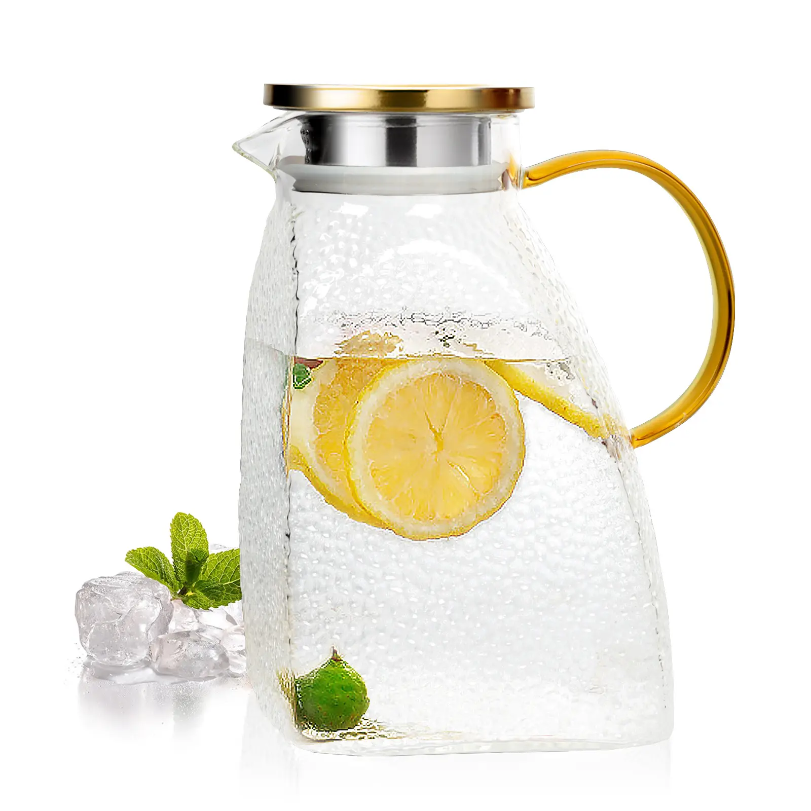 Thick Rectangle Hammered Glass Water Jug (1.8L/64oz, 1000-2000ml), Stainless Steel Lid & Silicone Components, Easy-Pour Dishwasher-Safe Home Supply Pitcher for Fridge Door Storage (14x14x21cm)