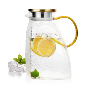 Thick 1.8L/64oz Glass Water Jug with Stainless Steel Lid, Silicone Components, Easy-Pour Design, Easy-Cleaning, Fridge Door Storage Home Supply for Iced Tea, Coffee