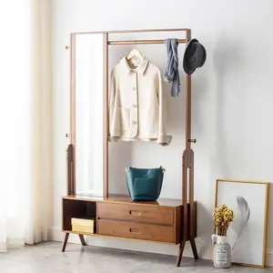 K KELBEL Modern 3-in-1 Floor Standing Coat Rack with Mirror, Drawers & Open Shelf – Space-Saving Entryway Organizer for Bedroom, Living Room, or Hallway – Walnut Finish – 25"/32.9"/40.6" Width Options
