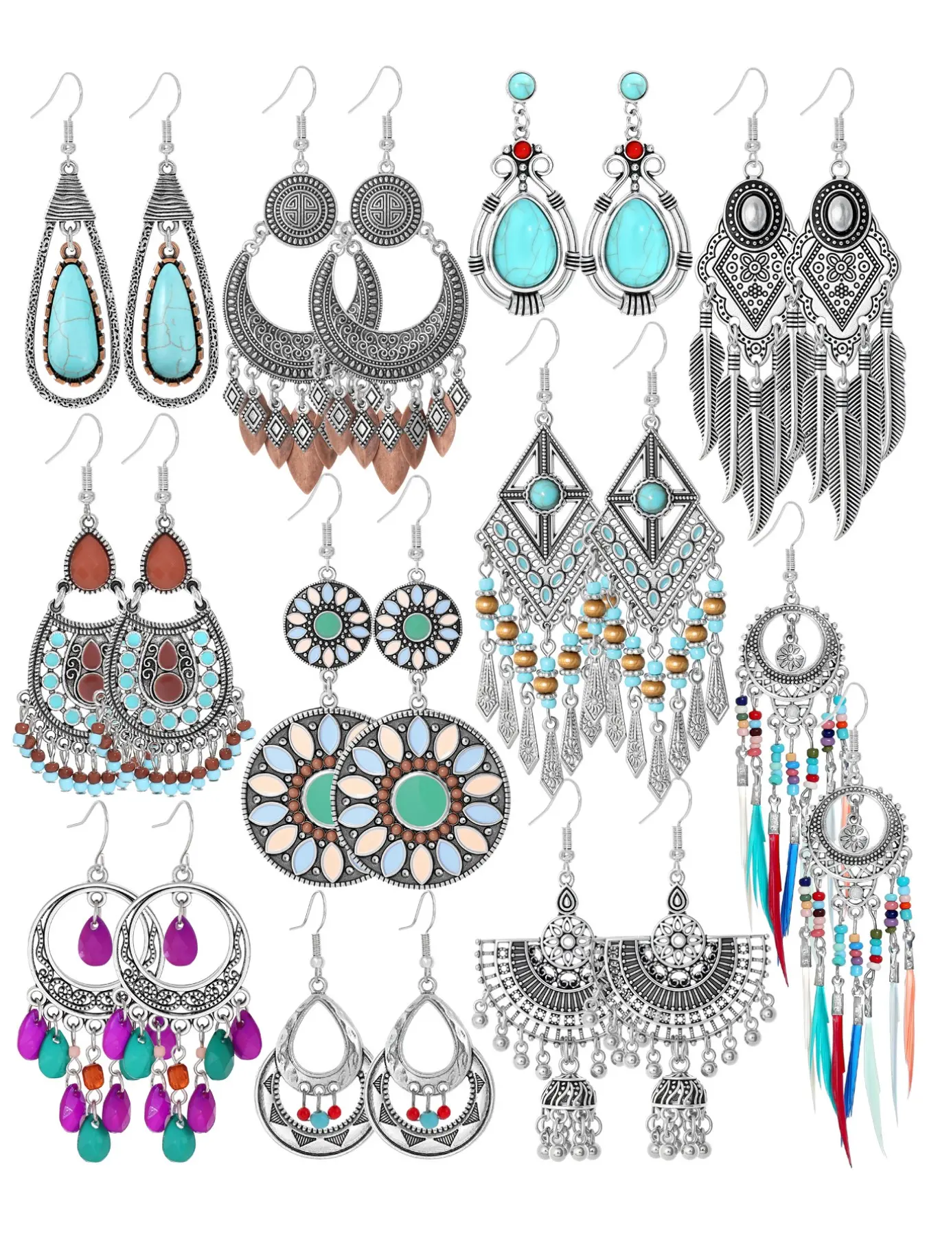 3 pairs Handmade Vintage Antique silver Bohemian Long Tassel Colorful Bead Dangle Drop Earrings Dangling Earrings Big Tribal Chandelier Geometry Hook Earrings for Women Statement Jewelry Gifts Boho Style Jewelry Earring Set