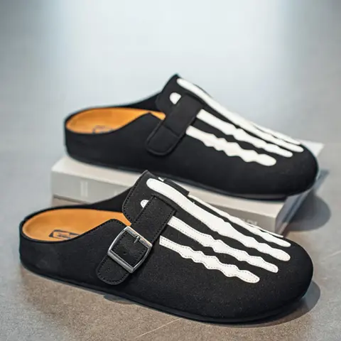Men's All-Season Backless Mule Slippers, One-Piece Soft Rubber Sandals, PU Leather Upper, Casual Home Clogs, Medium Width, Mule Slides