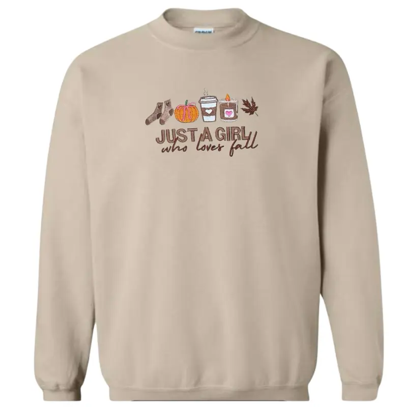 Just a girl who loves fall sweatshirt crewneck , cute fall sweatshirt, spooky season, spooky szn, Halloween, Halloween sweatshirt, embroidered Halloween sweatshirts