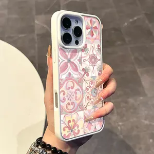 Magnetic Compatible Case for iPhone 17 16 E Pro Max 15 Plus 14 13 12 11 XS XR, Kawaii Pink Floral Tiles Pattern | Lightweight, Shockproof, Silicone, Aesthetic, and Scratch Resistant