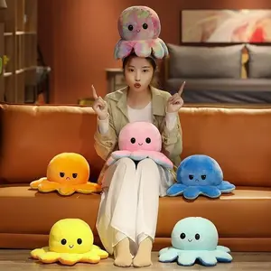 Flip-A-Side Octopus Plush Toy, Dual-Face Expression Doll, Reversible Squid Stuffed Animal, Face Change Figurine, Holiday Gift