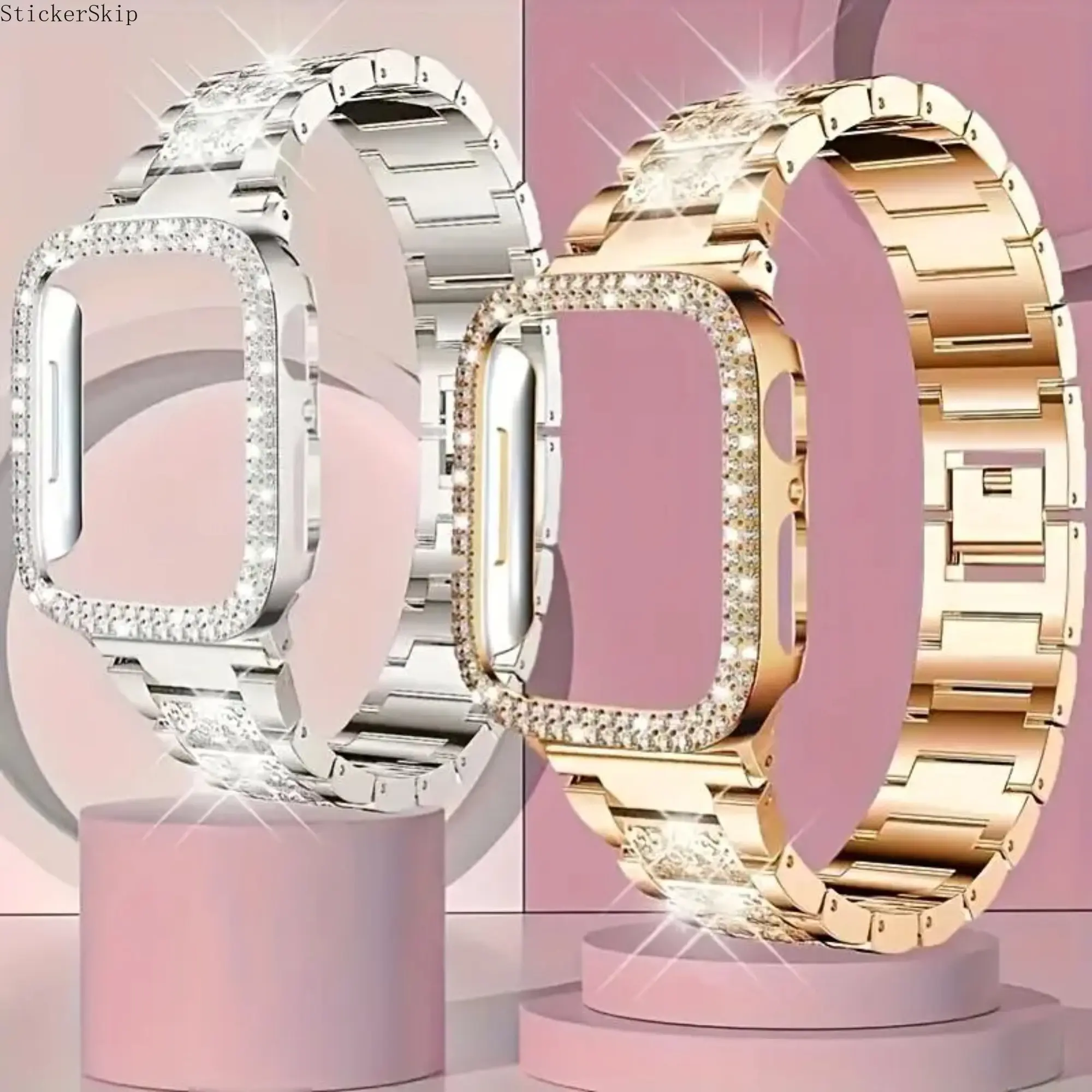 2026 NEW Suitable For Apple Watch Ultra/Ultra 2 10//8/7/6/5/4/3/2/1/SE Starry Sky Full Diamond+Double Row Diamond Fashionable And Beautiful Shining Watch Case Strap+Case 38/40/41/42/44/45/49mm