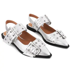 Women's Pointed Toe Studded Buckle Singback Low Heel Comfortable Footwear, Casual Flat Shoes, Rubber Shoe