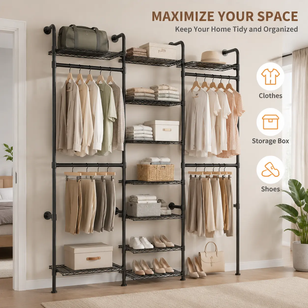 Garvee Adjustable Carbon Steel Closet Organizer - Wall Mounted Clothes Rack with Expandable Rods, 8 Wire Shelves, Matte Black - Space-Saving Wardrobe Storage