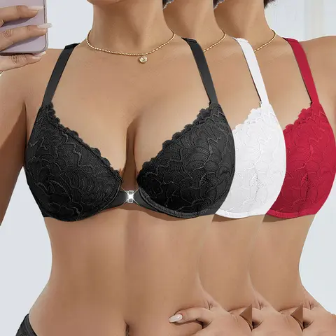 3pcs Sexy Lace Front Closure Women's Thin Cup Comfortable Breathable Push-Up Bra in Black White & Red