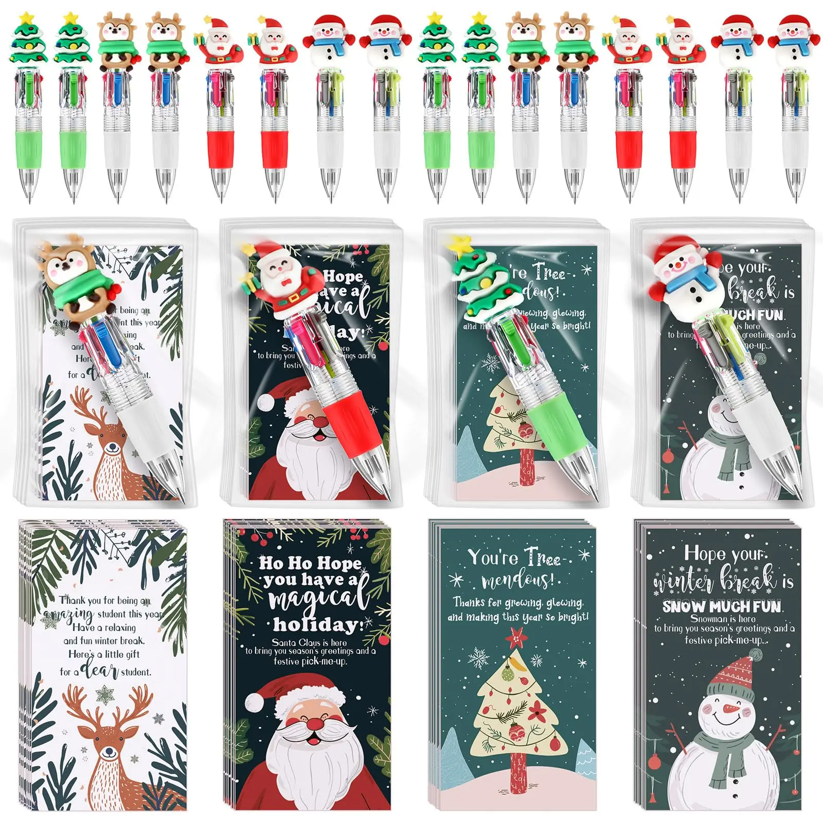 100PCS Christmas Multicolor Animal Ballpoint Pens Bulk - 4-in-1 Retractable Compact Multiple-Function Holiday Writing Pens with Gift Cards for School Classroom Rewards, Party Favors, Stocking Stuffers