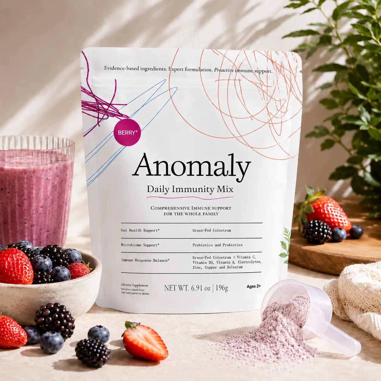 Anomaly Foundational Blend Daily Resilience Powder - Berry - 14-Day Serving - Blended Daily Digestive Wellness Supplement, Grass-Fed Bovine Colostrum, Pre & Probiotics, Vitamins A,B6,C,D+E, Zinc, Selenium, Gut Support, Blended Supplement