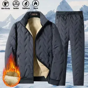 Men's Casual Two-Piece Set with Fleece Lining - Thick Winter Jacket and Pants, Heavyweight Warm Upper and Lower Garment, Zip-Up Cardigan with Fleece Lining, Versatile Daily Home and Outdoor Cotton Coat, Windproof and Warm Thick Fleece Composite Layer Jack
