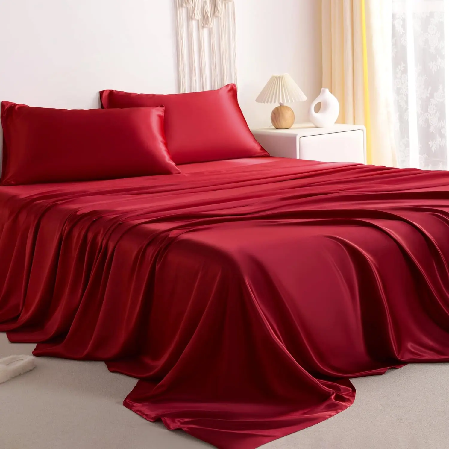 Silk Queen Sheet Set, 4-Piece Luxury and Soft Bedding Set Cooling Sheets for Hair and Skin, Includes 2 Pillowcases, 1 Flat Sheet, 1 Fitted Sheet with Deep, Wine Red