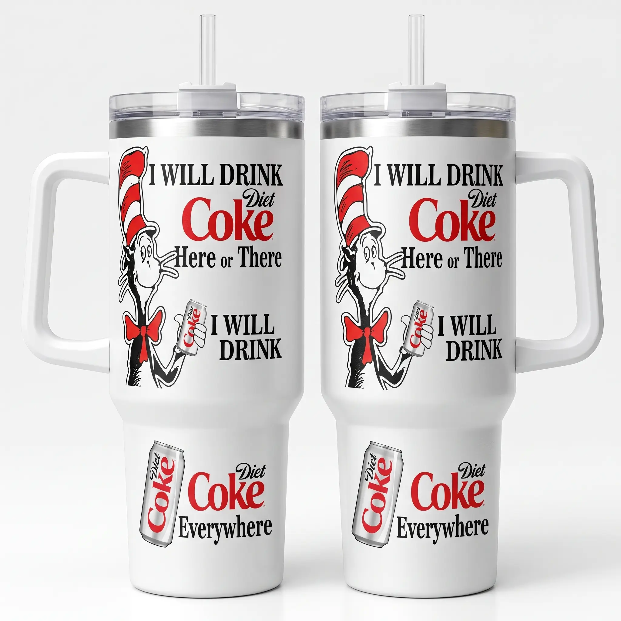 I Will Drink Diet Coke Here Or There Everywhere Tumbler with Handle 40oz, Cute Cat in the Hat Book Quote Insulated Travel Mug, Stainless Steel Water Bottle Straw Cup Large Aesthetic Soda Lover, Merchandise Custom Gag Gifts For Her Him