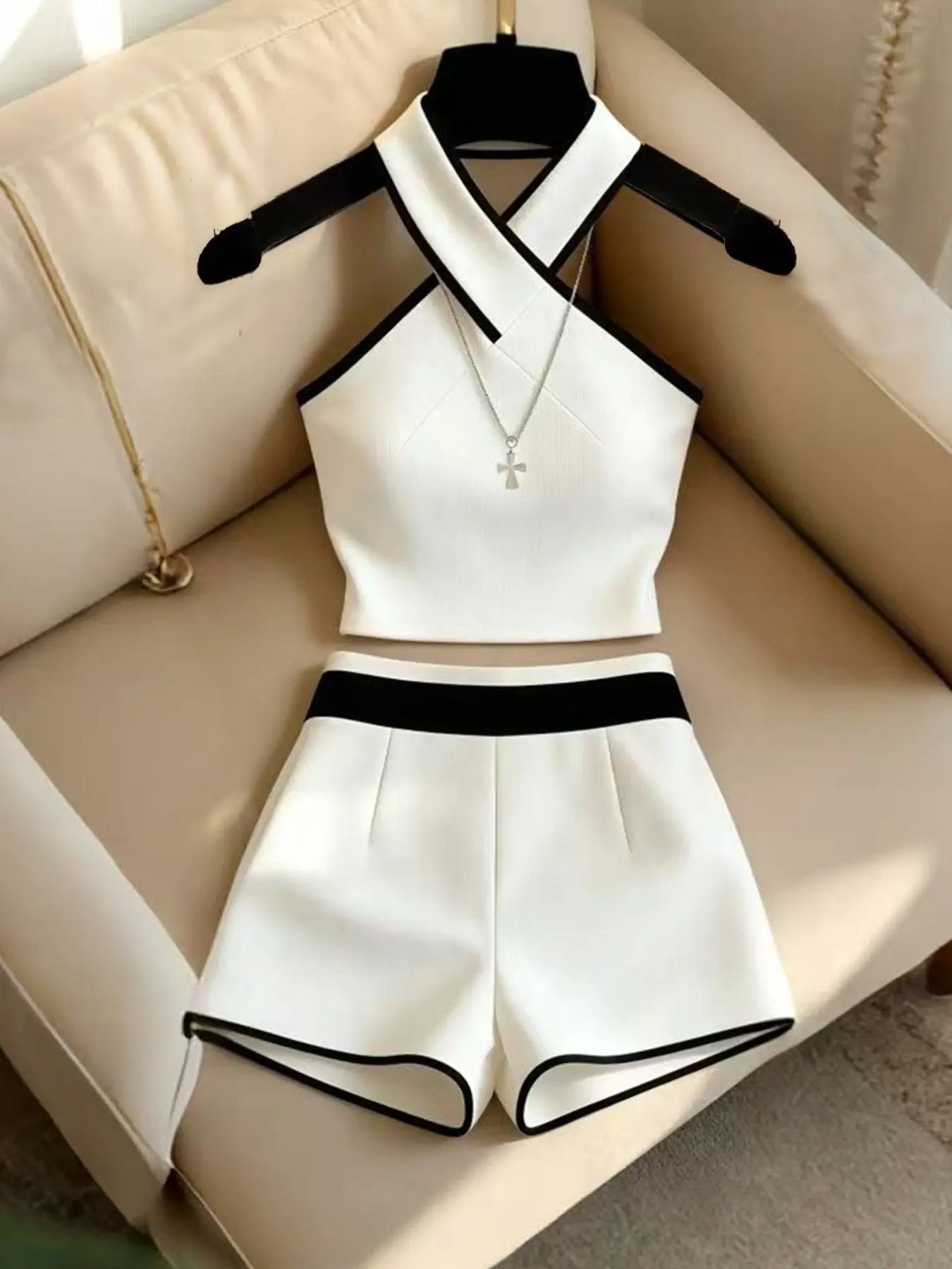 French Contrast Chic Halter Neck Cross-Strap Set, Backless Crop Top and High-Waist Wide-Leg Shorts for Women
