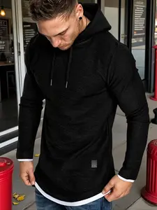 Men's Casual Patchwork Long Sleeve Hoodie, Fitted, Drawstring Design, Slight Stretch, Outdoor Spring & Fall Fashion, Daily Wear