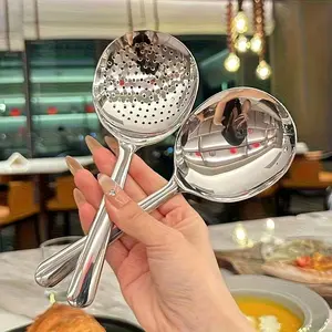 Stainless Steel Sturdy Large Round Spoons Set with Holes, Commercial and Home Kitchen Utensils, Heat Resistant Short Handle, Easy Clean, Restaurant Use