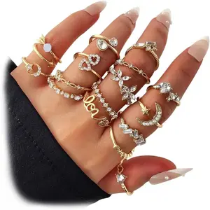 Sparkle Knuckle Rings Set For Women, Vintage Fashion Aesthetic Trendy Joint Snake Ring Pack, Retro Pink Rhinestone Assorted Moon Star Crystal Love Leaf Diamond Pearl Jewelry