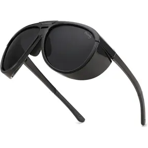EyeconicFinds Polarized Aviator Sunglasses Men Women Oversized Round Steampunk Sunglasses Side Shield Goggles B0095