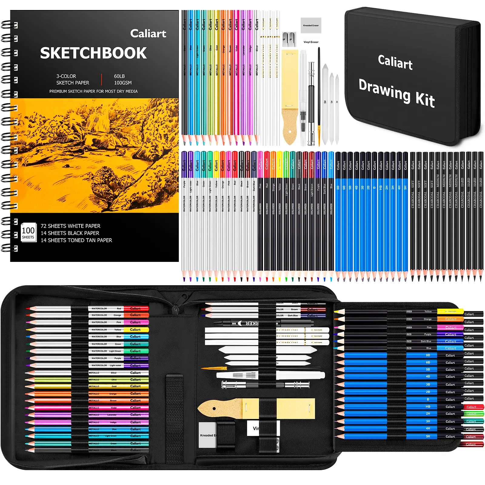 Caliart Official 176 PCS Art Supplies Drawing & Sketching Kit with 100-Sheet 3-Color Sketchbook, Graphite, Colored, Charcoal, Watercolor & Metallic Pencils, Erasers, Complete Pencil Art Set, Back to School Gift for Adults, Teens & Kids, Art Craft Supplies