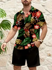 Men's Tropical Print Aloha Button Shirt, Hawaii Shirt, Casual Breathable Polyester Fabric, Perfect Summer Choice, Fitted Style, Top