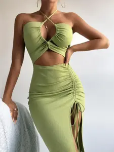 Women's Plain Criss Cross Backless Split Thigh Drawstring Adjustable Bodycon Dress, Solid Sleeveless Cut Out Tie Back Halter Neck Midi Dress for Party Club Dating Wear, Ladies Summer Clothes Bodycon Chic Fit