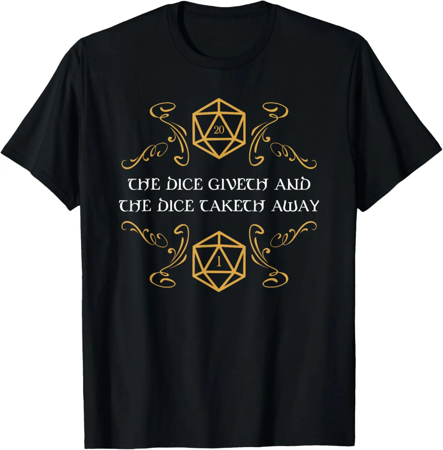 Men's Natural Cotton Short-Sleeve T-Shirt - Menswear Soft Round Neck Graphic Top, Streetwear Casual Sports Fashion Apparel with Funny Nerdy D20 Dice "Giveth and Taketh Away" Print, Tops