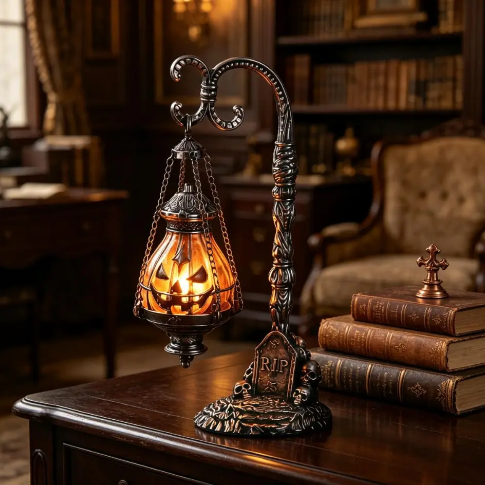 Halloween Lantern Hanging Lamp, Vintage Tombstone & Skull Stand, LED Light-Up Spooky Tabletop Figurine, Gothic Home Decor Ornament for Desk, Mantel, Haunted House Party, Tombstone Skull Hanging Lantern, USB Powered Lantern Desk Light, Spooky Home Decor