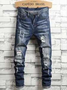 Men's Regular Fit Distressed Jeans, Street Fashion Casual Ripped Jeans for Daily Wear, Mens Bottoms for All Seasons, Denim Jean