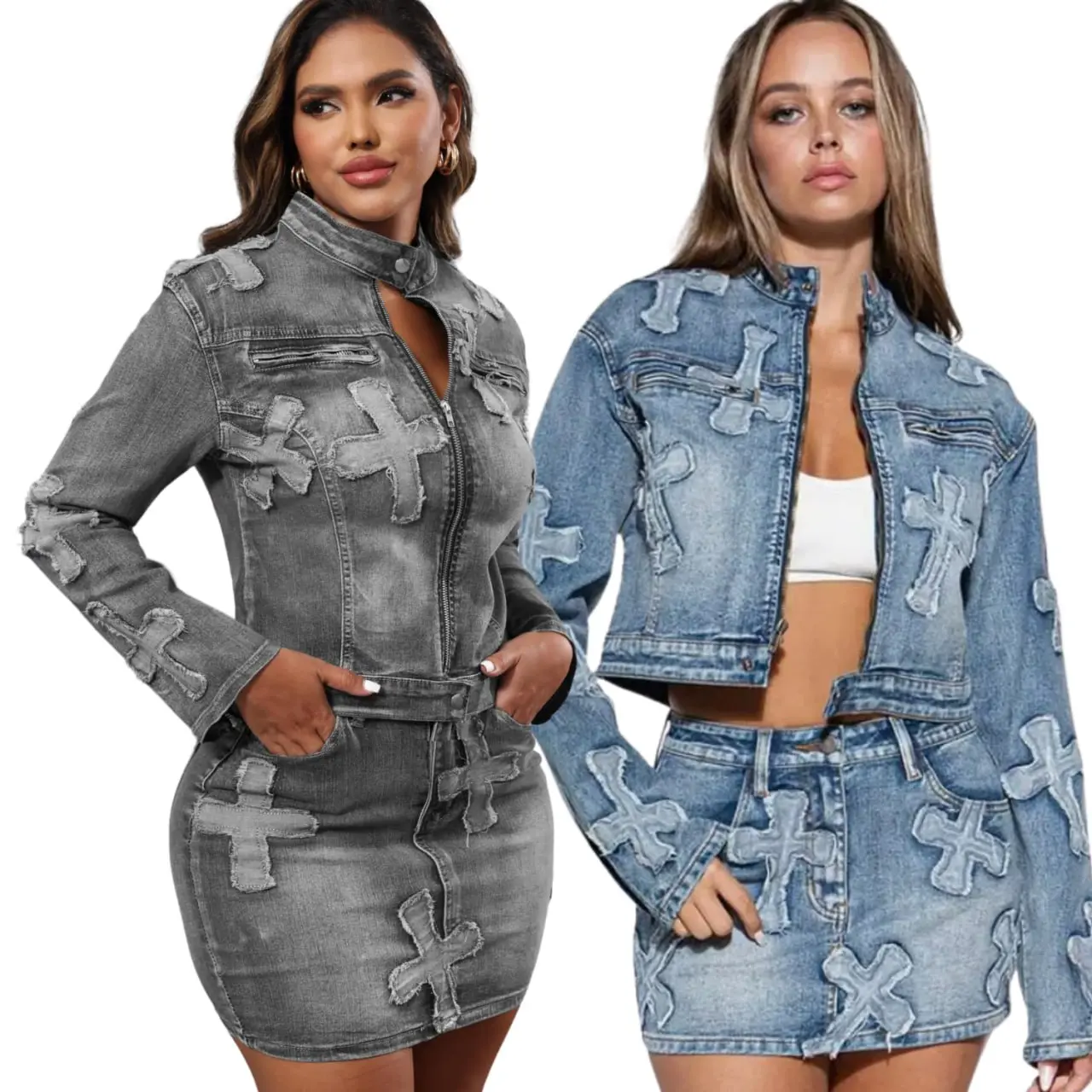 Women’s 2 Piece Denim Skirt Set – Long Sleeve Zipper Jacket & Mini Skirt with Cross Patches | Trendy Jean Outfit for Streetwear, Casual Looks