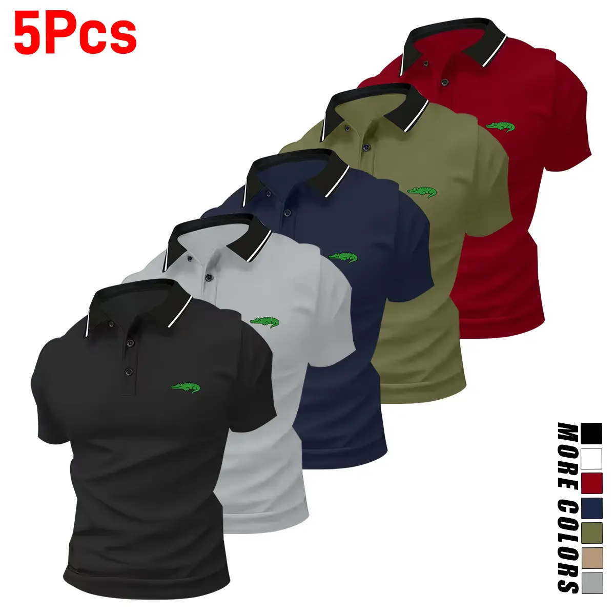 Pack of 5 summer men’s short-sleeve polo shirts with turn-down collar and crocodile print; casual sportswear tops for men—essential for business travel, dates, and home wear | Breathable, comfortable fabric; casual style | Golf shirt Pack of 5 summer men’s short-sleeve polo shirts with turn-down collar and crocodile print; casual sportswear tops for men—essential for business travel, dates, and home wear | Breathable, comfortable fabric; casual style | Golf shirt