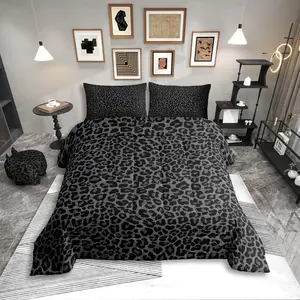 Print King Size Comforter Set for Adult 3 Pieces Leopard Print Bedding Set for All African Animal Wildlife Bed Set for Grils Room,Black Gray