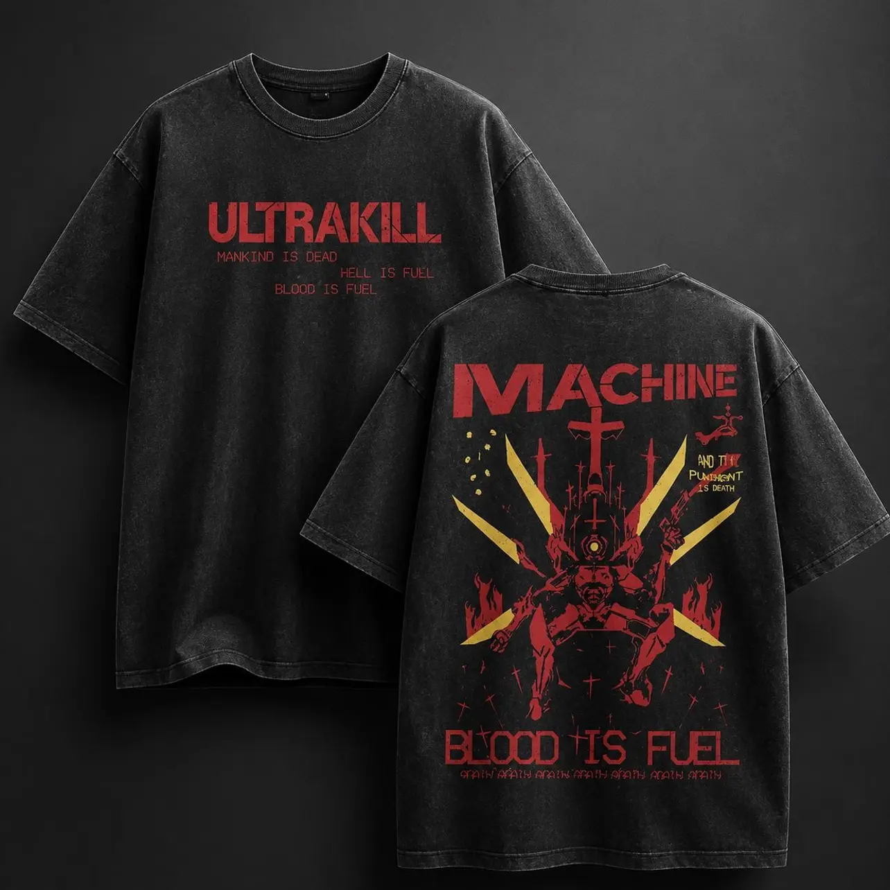 Men's ULTRAKILL Graphic T-Shirt, Oversized Vintage Washed Casual Gamer Top in 100% Cotton with a 2-Sided Print