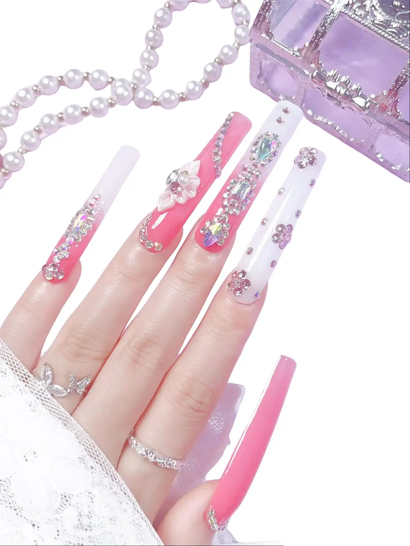 Nailrosy Handmade Press On Nails - 10 Reusable Medium-Size Pink Gradient Kit with Paint Crystal AB Rhinestones, French Bow, Gloss Finish for Evening Parties, Bridesmaids, Mother's Day, Manicure at Home, Handmade Press Ons, Nail Press On Nails
