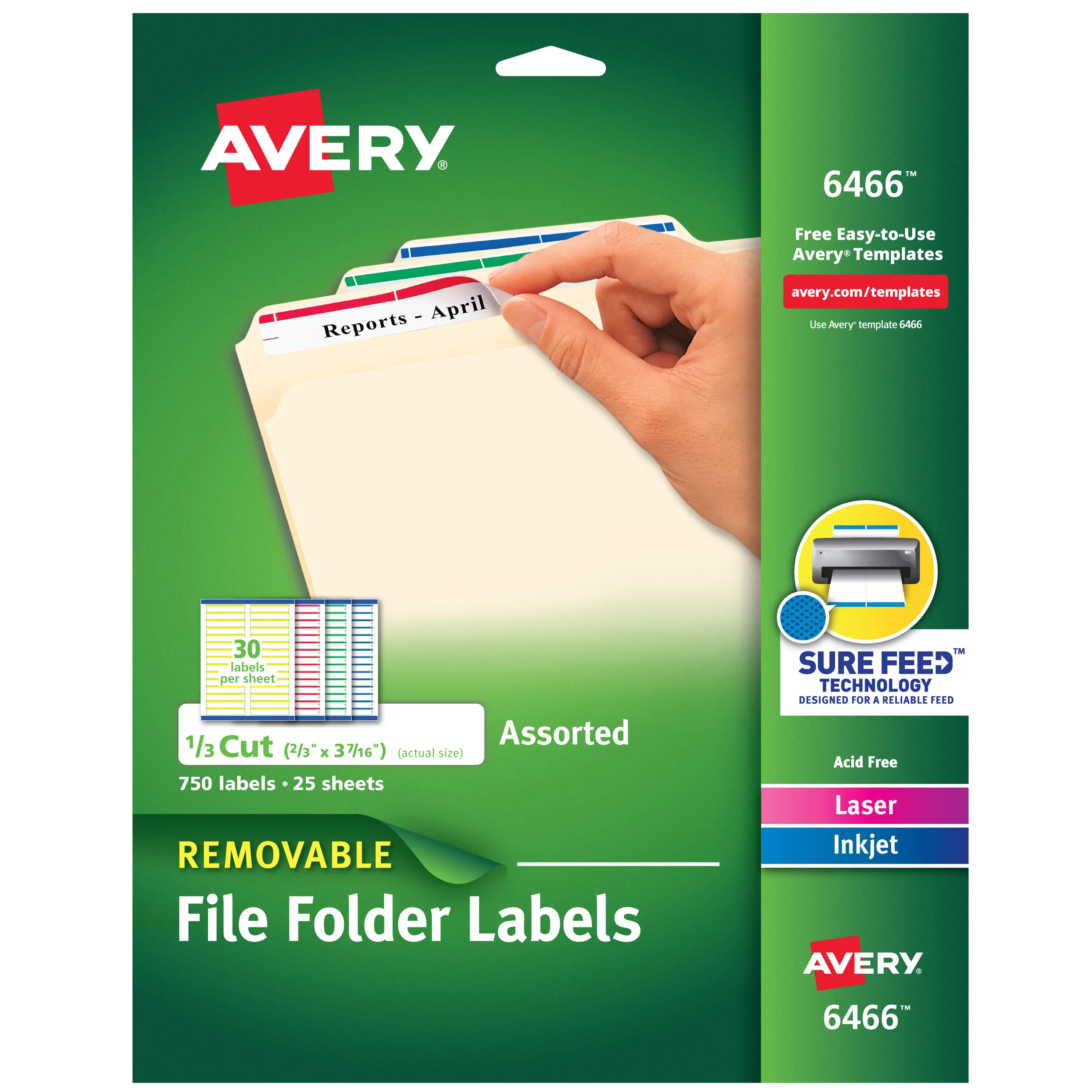 Avery Removable File Folder Label Stickers with Sure Feed, 2/3" x 3-7/16", 750 Labels for Office Accessories & File Labeling, Assorted (6466)