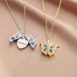 1Pcs Fashion Classic Can Open Butterfly Love Women's Pendant Necklace Engraved with "I Love You" Romantic Proposal Valentine's Day Gift Jewelry